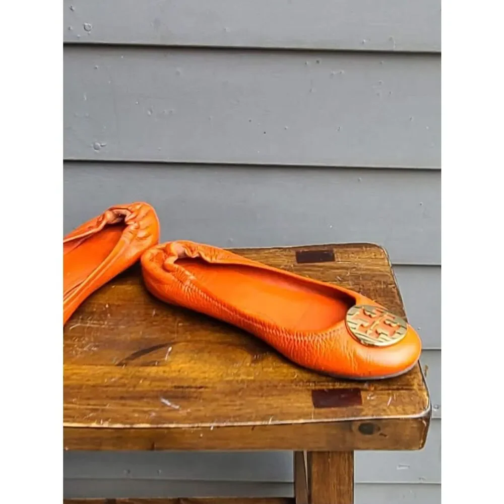 Tory Burch Orange Leather Minnie Ballet Flat Gold Logo size 8